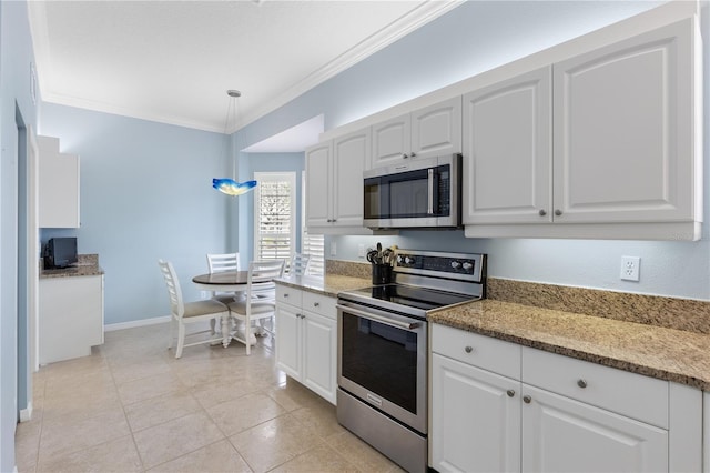 kitchen with white cabinets, light tile patterned floors, stainless steel appliances, and crown molding