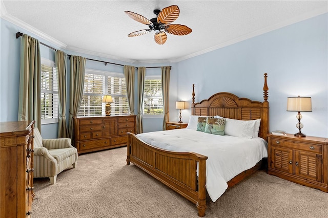 bedroom featuring light carpet, ornamental molding, and multiple windows