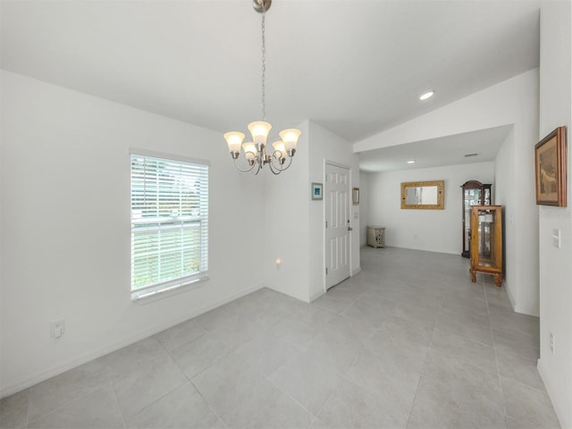 interior space featuring light tile patterned flooring, recessed lighting, an inviting chandelier, and vaulted ceiling