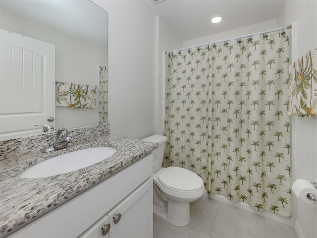 full bath with vanity, tile patterned floors, toilet, and a shower with curtain