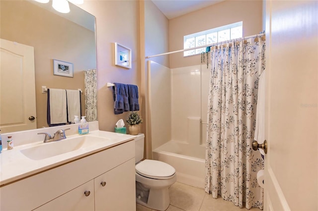 full bathroom featuring shower / bath combo, vanity, toilet, and tile patterned floors