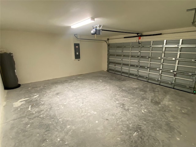 garage with a garage door opener, gas water heater, and electric panel