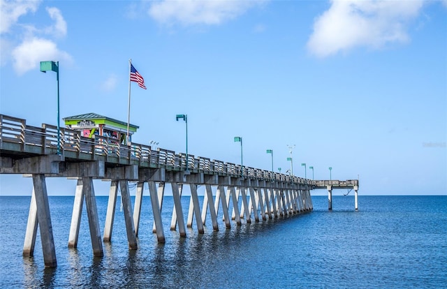 dock area featuring a water view and a pier