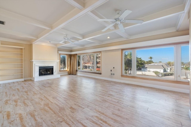 unfurnished living room featuring wood finished floors, visible vents, coffered ceiling, and ceiling fan