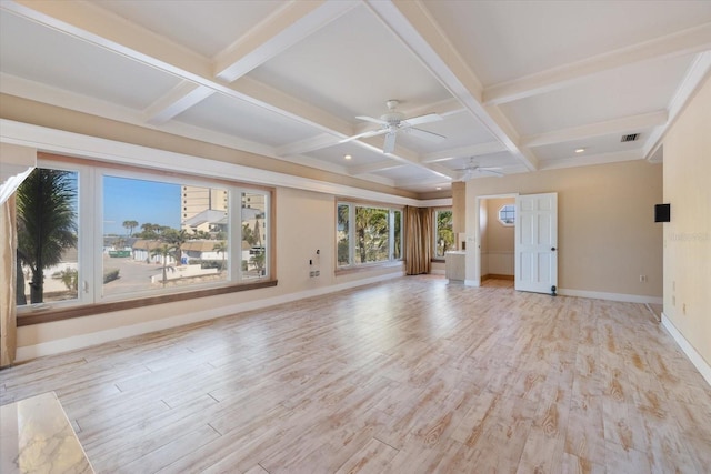 unfurnished living room with light wood-style flooring, baseboards, coffered ceiling, and ceiling fan