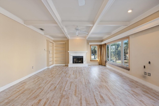 unfurnished living room with baseboards, light wood finished floors, coffered ceiling, ceiling fan, and beamed ceiling