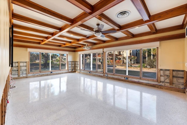 empty room featuring speckled floor, visible vents, and ceiling fan