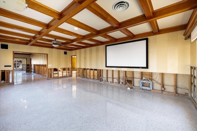 home theater room featuring visible vents, ceiling fan, beam ceiling, coffered ceiling, and speckled floor