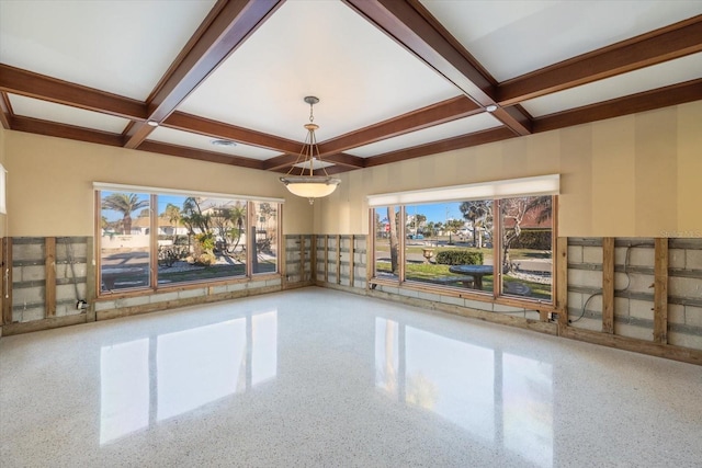 unfurnished room featuring visible vents, beamed ceiling, a wainscoted wall, coffered ceiling, and speckled floor