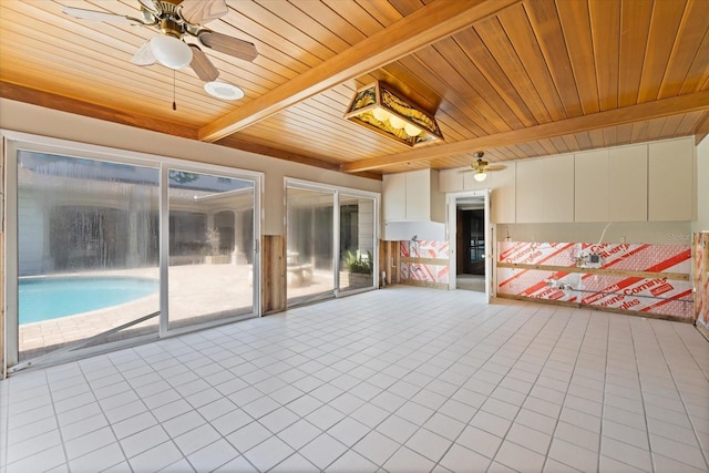 unfurnished sunroom with beam ceiling, plenty of natural light, wood ceiling, and a ceiling fan