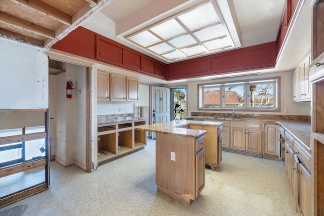 kitchen with light stone countertops, a kitchen island, and a sink