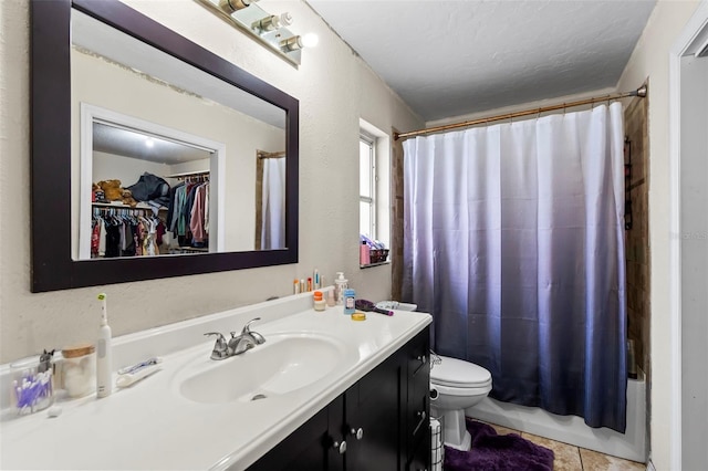bathroom with a textured wall, toilet, shower / bathtub combination with curtain, a textured ceiling, and vanity
