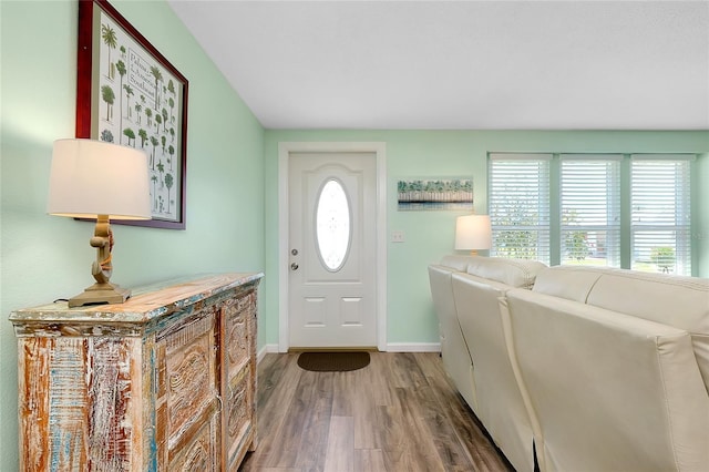 foyer with plenty of natural light, baseboards, and wood finished floors