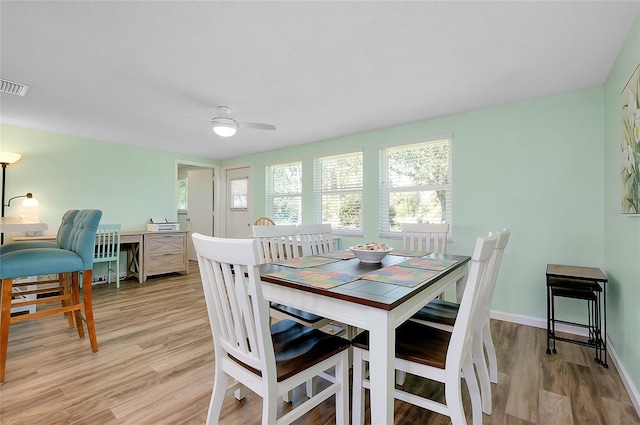 dining area featuring visible vents, baseboards, light wood-style floors, and a ceiling fan