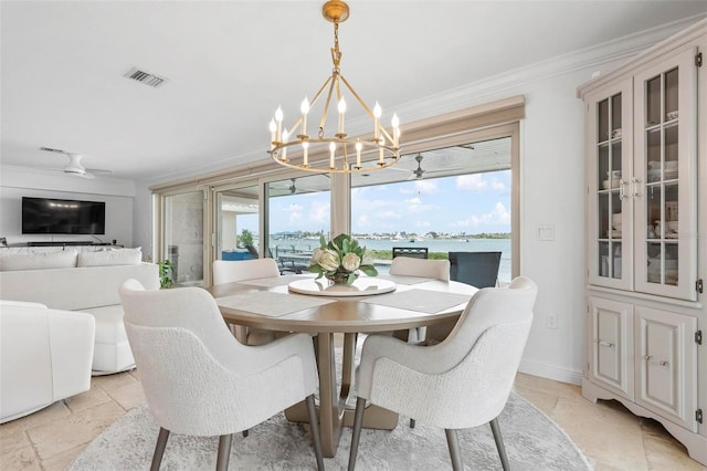 dining room featuring ceiling fan with notable chandelier, ornamental molding, plenty of natural light, and visible vents