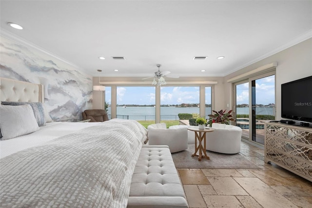 bedroom featuring access to exterior, stone tile flooring, visible vents, and crown molding