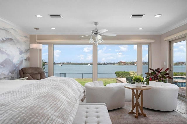 bedroom featuring visible vents, ornamental molding, a water view, access to exterior, and recessed lighting