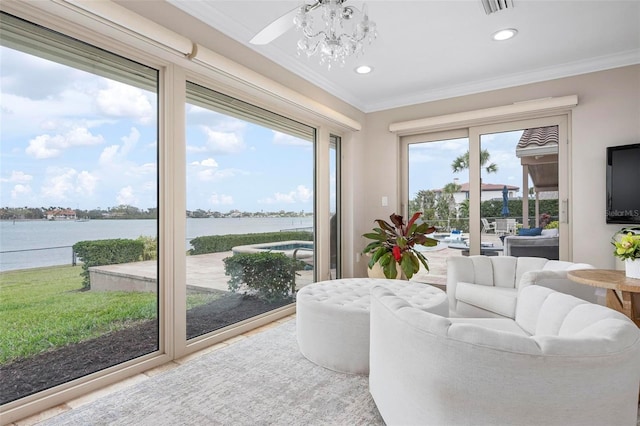 interior space featuring recessed lighting, visible vents, and crown molding