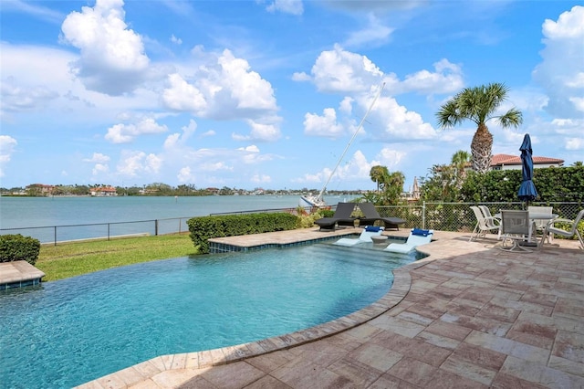 view of swimming pool featuring a water view, fence, a fenced in pool, and a patio