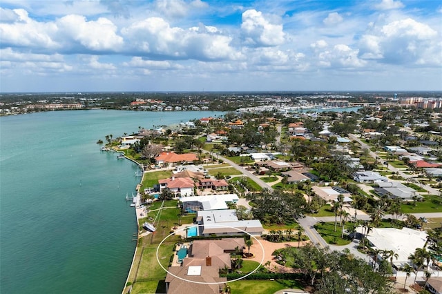 birds eye view of property with a water view and a residential view