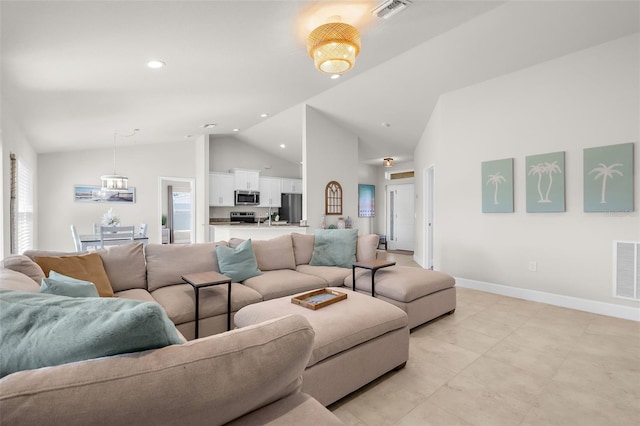 living room featuring high vaulted ceiling, recessed lighting, visible vents, and baseboards