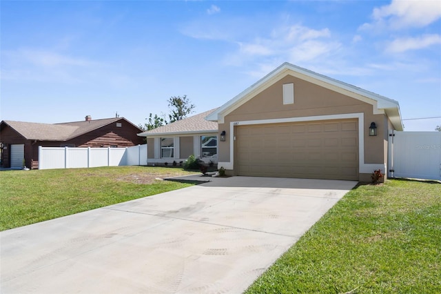 ranch-style home featuring an attached garage, fence, concrete driveway, stucco siding, and a front yard