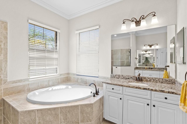 full bath with ornamental molding, walk in shower, vanity, and a bath