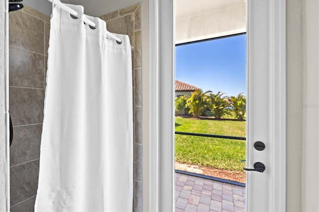 bathroom featuring plenty of natural light and a shower with shower curtain