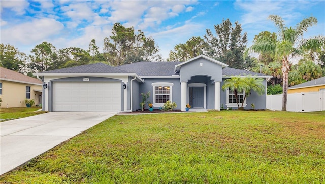 ranch-style house featuring a front lawn, fence, concrete driveway, stucco siding, and an attached garage