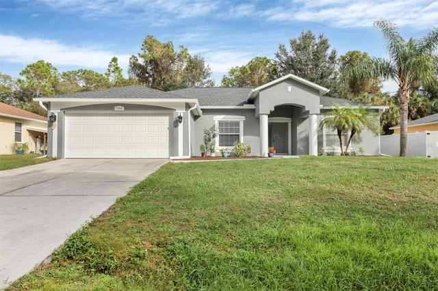 ranch-style house with stucco siding, a front lawn, fence, concrete driveway, and a garage