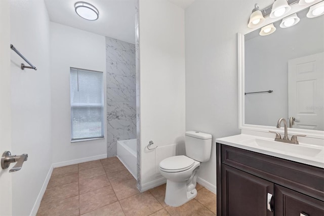 full bath featuring tile patterned flooring, toilet, vanity, and baseboards