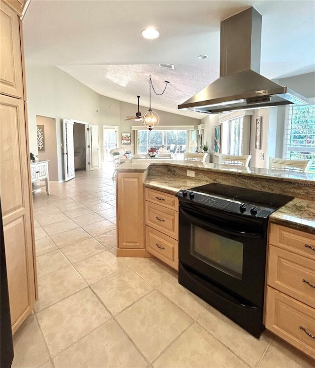 kitchen featuring pendant lighting, light brown cabinets, black electric range, island exhaust hood, and lofted ceiling