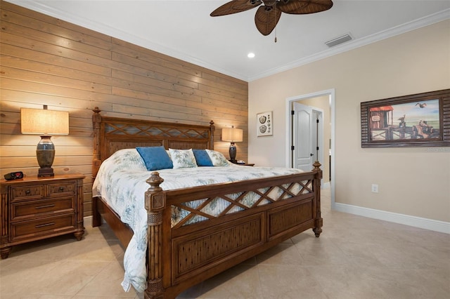 bedroom with visible vents, crown molding, baseboards, and light tile patterned flooring