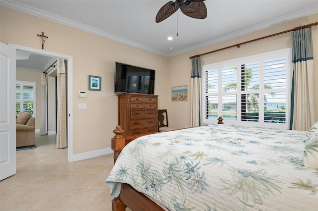 bedroom featuring light tile patterned floors, recessed lighting, ornamental molding, a ceiling fan, and baseboards