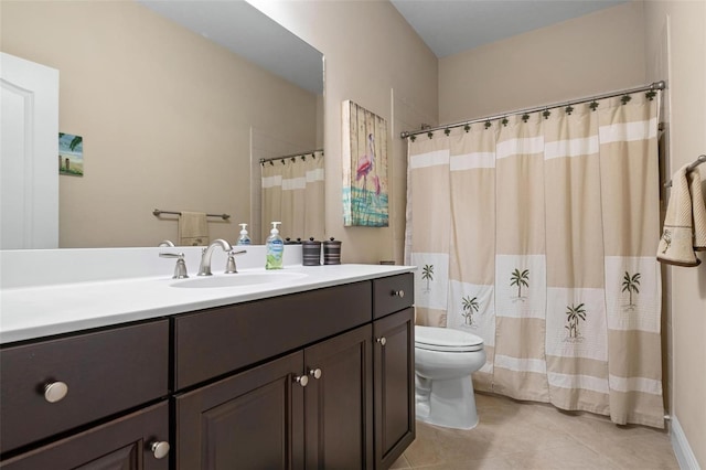 full bath with toilet, a shower with shower curtain, tile patterned flooring, and vanity