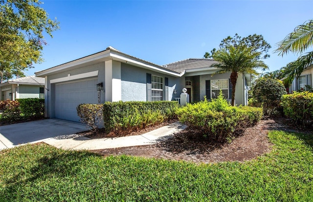 ranch-style home with driveway, an attached garage, and stucco siding