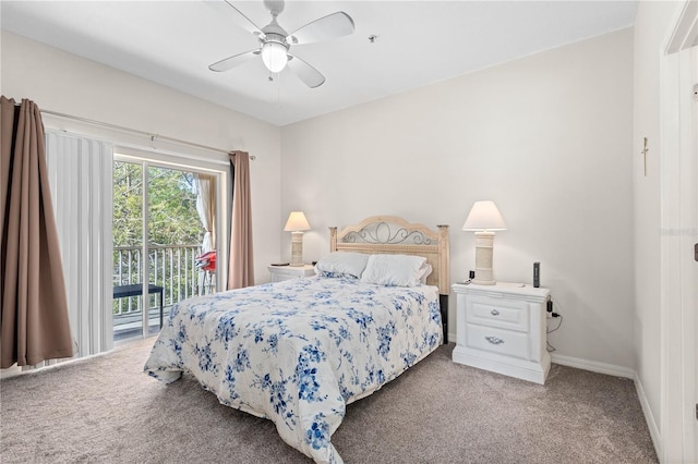 bedroom with baseboards, carpet floors, a ceiling fan, and access to exterior