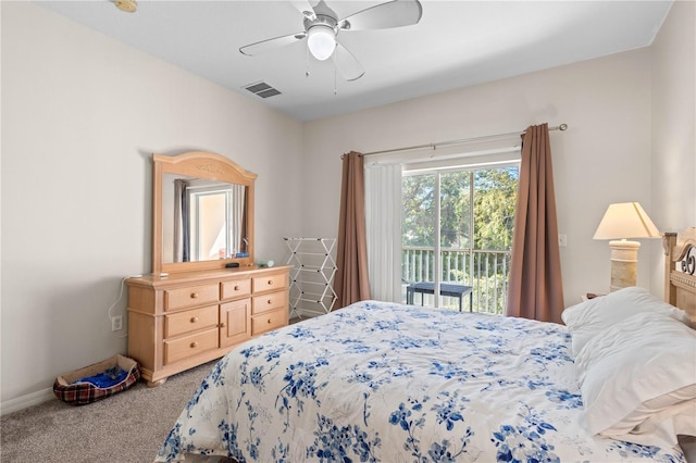 carpeted bedroom with ceiling fan, access to outside, visible vents, and baseboards
