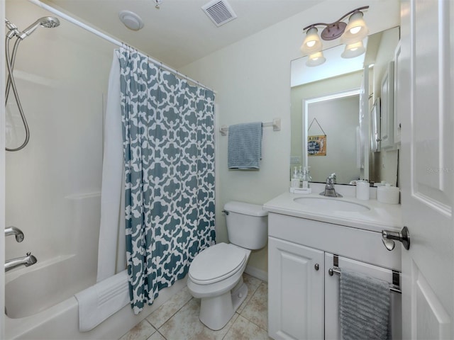 full bathroom featuring visible vents, toilet, shower / tub combo, vanity, and tile patterned floors