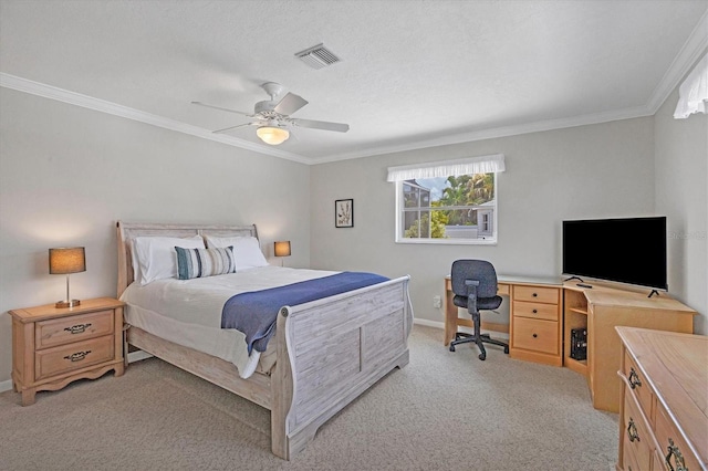 bedroom with ornamental molding, light colored carpet, visible vents, and a ceiling fan