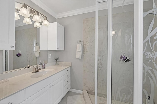 bathroom with crown molding, a stall shower, vanity, tile patterned flooring, and baseboards