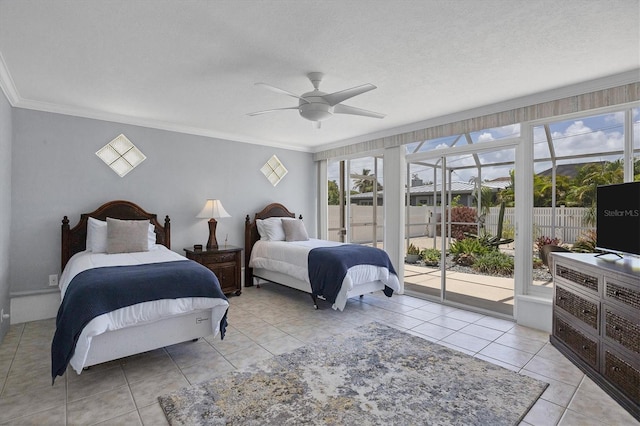 bedroom featuring light tile patterned floors, ceiling fan, ornamental molding, access to exterior, and a textured ceiling