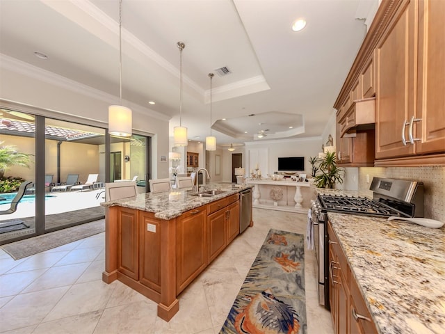 kitchen featuring open floor plan, ornamental molding, stainless steel appliances, a raised ceiling, and a sink