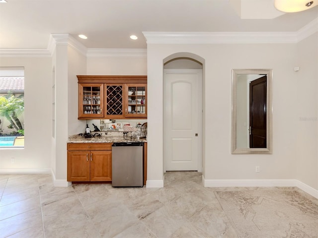 bar featuring baseboards, dishwasher, ornamental molding, indoor wet bar, and recessed lighting