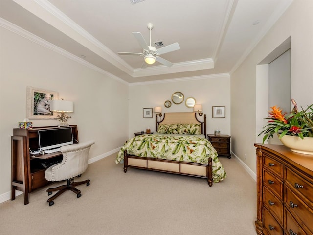 bedroom with visible vents, baseboards, a tray ceiling, ornamental molding, and light carpet