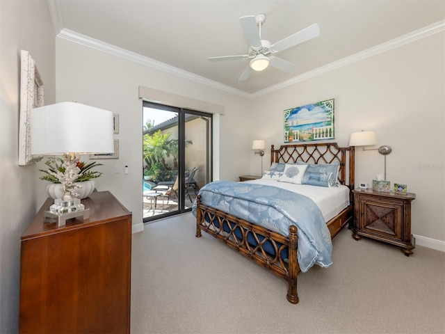 bedroom with crown molding, access to outside, light colored carpet, and baseboards