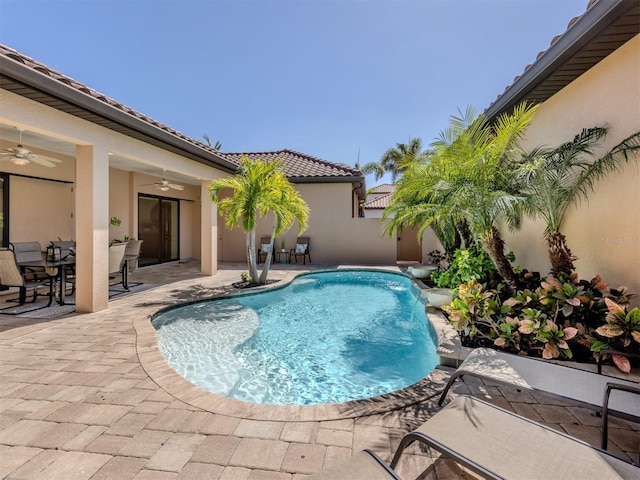 pool featuring ceiling fan, a patio, and fence