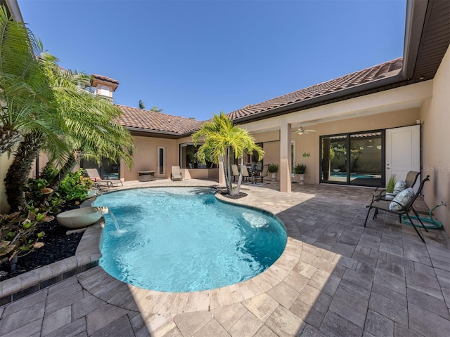 outdoor pool with a ceiling fan and a patio area