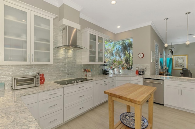 kitchen with backsplash, stainless steel dishwasher, a sink, wall chimney exhaust hood, and black electric cooktop