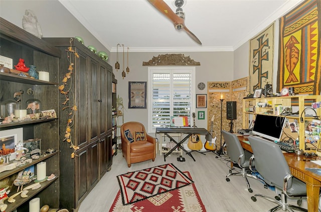 office featuring ornamental molding and light wood-style flooring